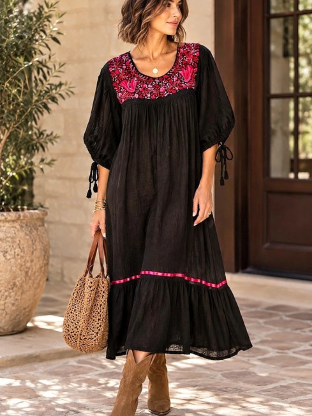 Embroidered Floral Maxi Dress in Black & Pink